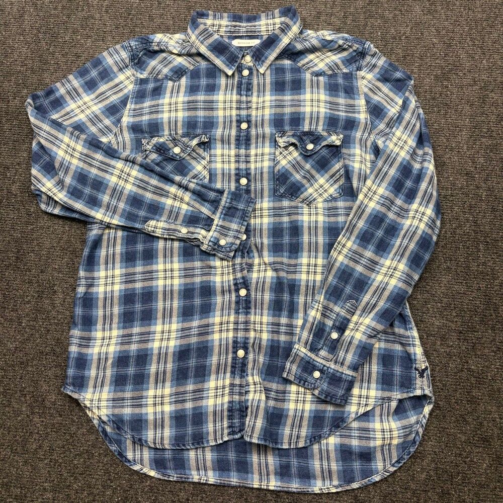 American Eagle Outfitters Pearl Snap Flannel Shirt Womens M Blue Plaid Boyfriend
